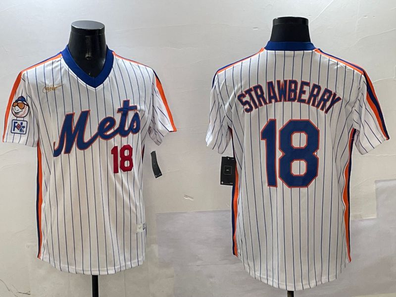 Men New York Mets 18 Strawberry White Stripe Throwback Game Fashion 2025 Nike MLB Jersey style 3